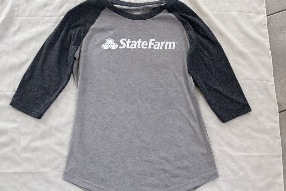 State Farm Women’s Raglan Long Sleeve Small Gray Black Logo Tee 24” L 16” Bust